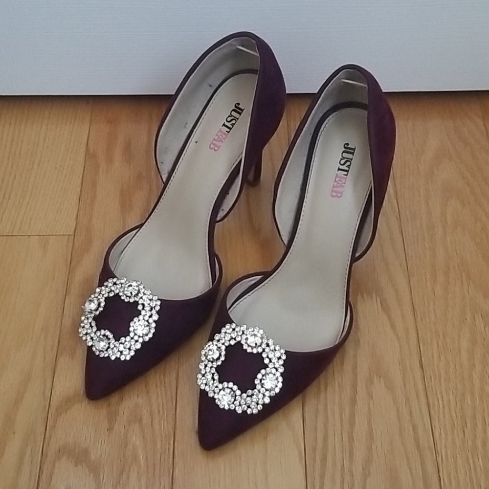 Plum pointed toe heels with rhinestone details